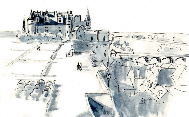 Drawing titled "Château d'Amboise" by Anne-Marie Mary, Original Artwork, Watercolor