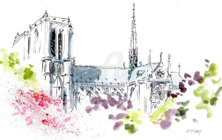 Painting titled "Notre Dame de Paris…" by Anne-Marie Mary, Original Artwork, Watercolor