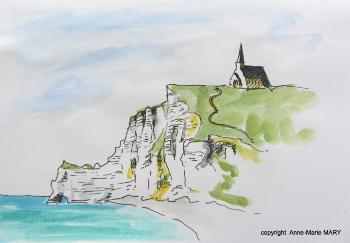 Dibujo titulada "Falaise d'Etretat-j…" por Anne-Marie Mary, Obra de arte original, Rotulador