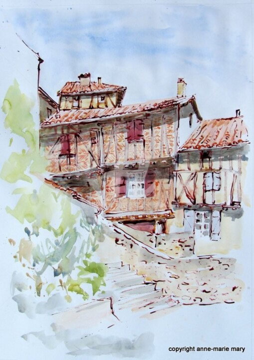 Painting titled "maisons à corondage…" by Anne-Marie Mary, Original Artwork, Watercolor