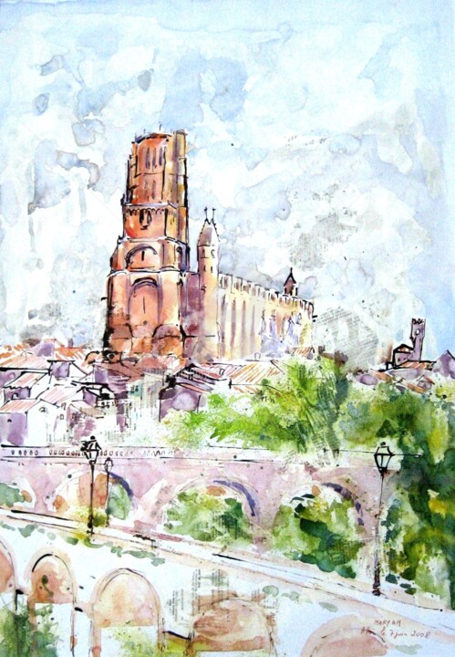 Painting titled "Cathédrale d'Albi 1" by Anne-Marie Mary, Original Artwork, Watercolor Mounted on Other rigid panel