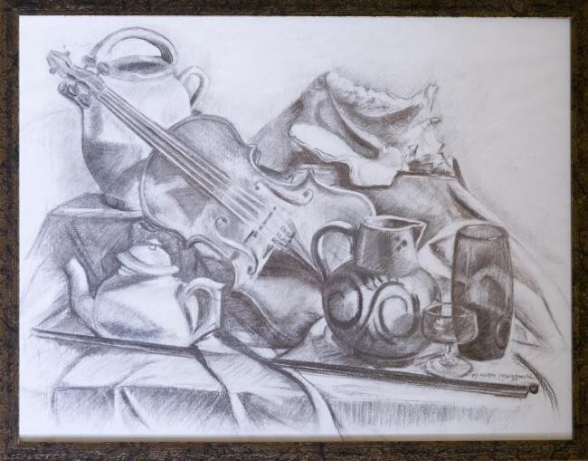 Disegno intitolato "nature morte au vio…" da Anne Marie Mazzocchi, Opera d'arte originale