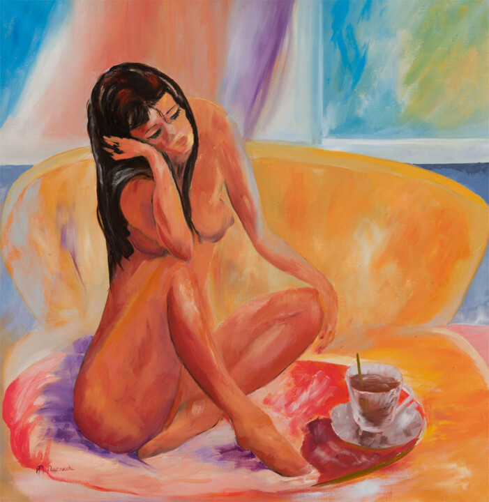Painting titled "2014-le-premier-caf…" by Anne Marie Mazzocchi, Original Artwork, Oil