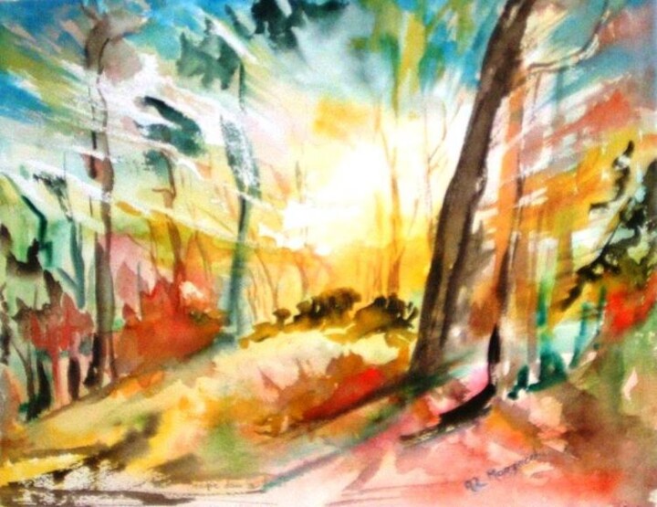 Painting titled "magie-forêt ori" by Anne Marie Mazzocchi, Original Artwork
