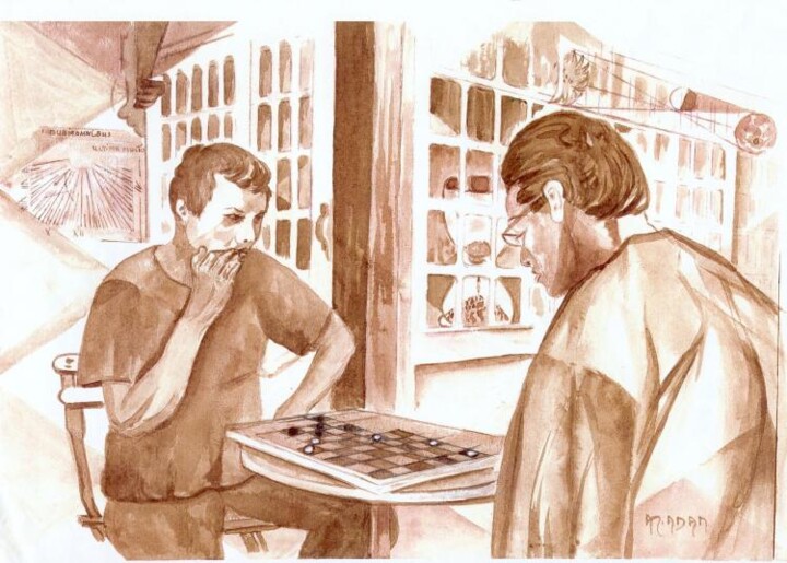 Tekening getiteld "réflexion.j.échecs;…" door Anne Marie Mazzocchi, Origineel Kunstwerk
