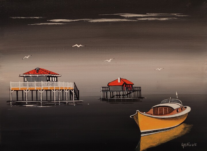 Painting titled "Nocturne sur l'île…" by Anne-Marie Picot, Original Artwork, Acrylic Mounted on Wood Stretcher frame