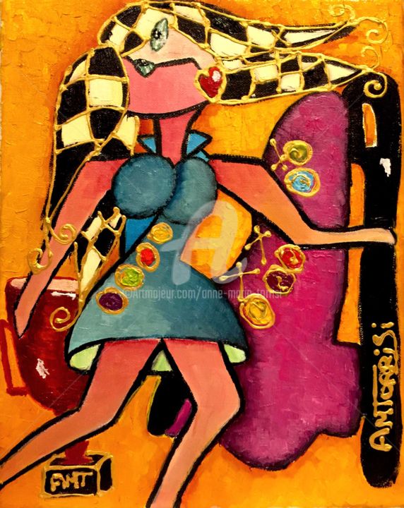 Painting titled "LA PATINEUSE" by Anne Marie Torrisi, Original Artwork, Oil Mounted on Wood Stretcher frame