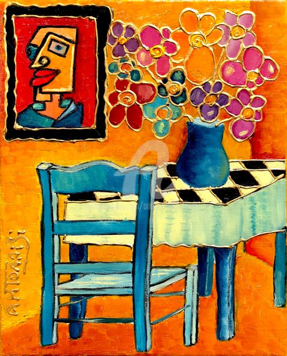 Painting titled "La chaise vide" by Anne Marie Torrisi, Original Artwork, Oil Mounted on Wood Stretcher frame