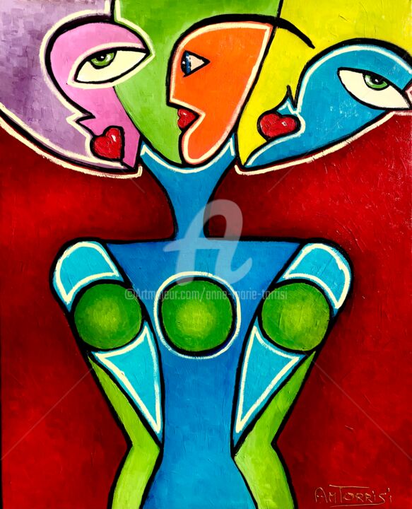Painting titled "Femme 3 têtes" by Anne Marie Torrisi, Original Artwork, Acrylic Mounted on Wood Stretcher frame