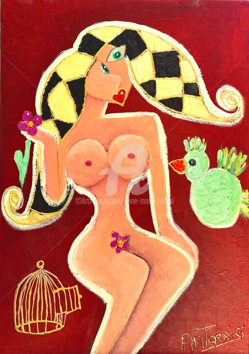 Pintura titulada "FEMME NUE LA FLEUR" por Anne Marie Torrisi, Obra de arte original, Oleo Montado en Bastidor de camilla de…