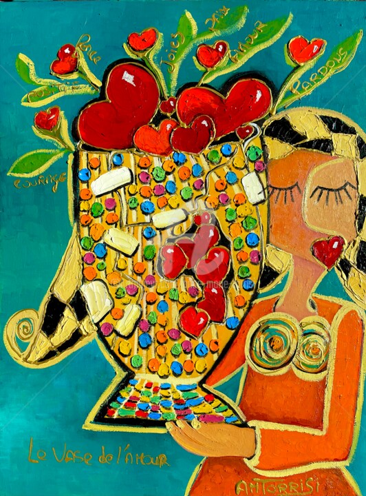 Painting titled "LE VASE" by Anne Marie Torrisi, Original Artwork, Oil Mounted on Wood Stretcher frame