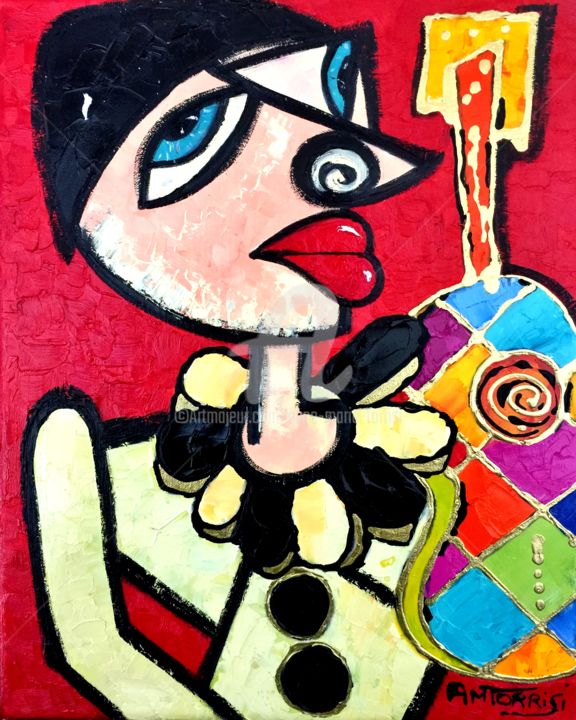 Painting titled "PIERROT*" by Anne Marie Torrisi, Original Artwork, Oil Mounted on Wood Stretcher frame