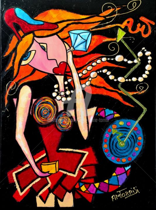 Painting titled "LA FEMME AUX BIJOUX" by Anne Marie Torrisi, Original Artwork, Oil Mounted on Wood Stretcher frame