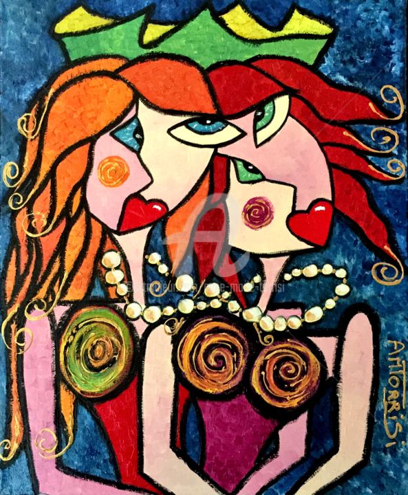 Painting titled "INSEPARABLES*" by Anne Marie Torrisi, Original Artwork, Oil Mounted on Wood Stretcher frame