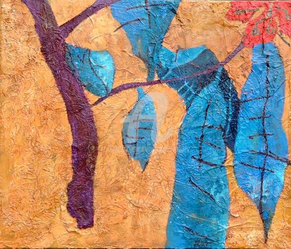 Painting titled "Les feuilles bleues" by Anne Maury, Original Artwork, Oil