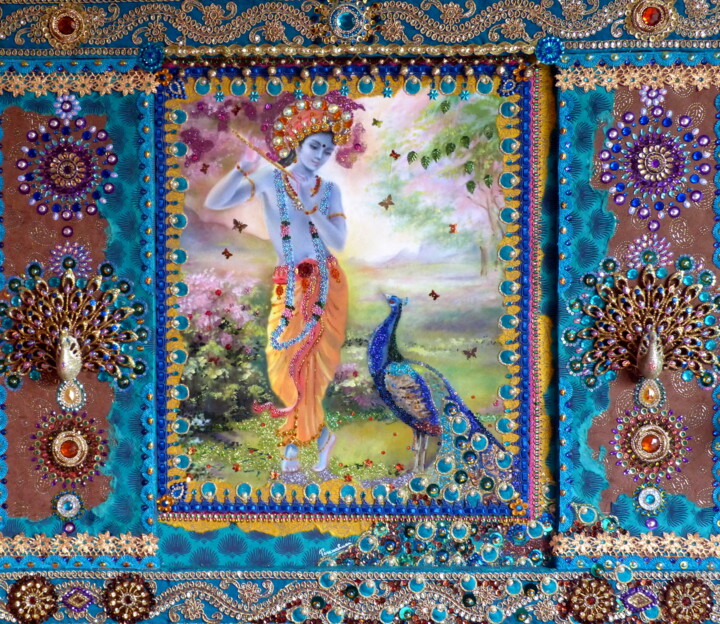 Collagen mit dem Titel "Krishna et le paon" von Anne Molines, Original-Kunstwerk, Collagen Auf Karton montiert
