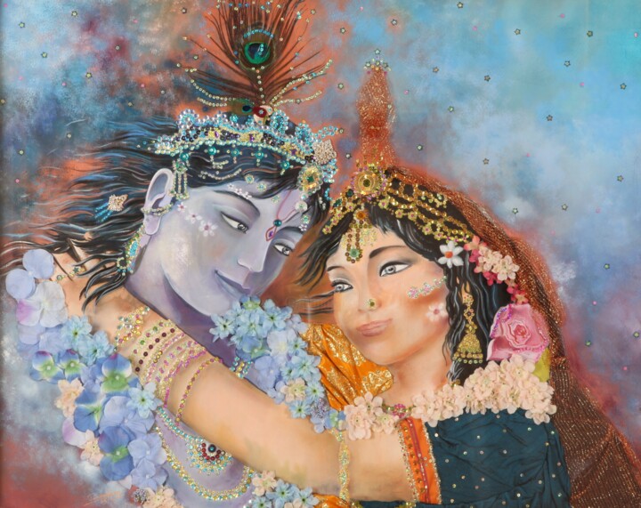 Peinture intitulée "Radha et Krishna" par Anne Molines, Œuvre d'art originale, Pastel Monté sur Carton
