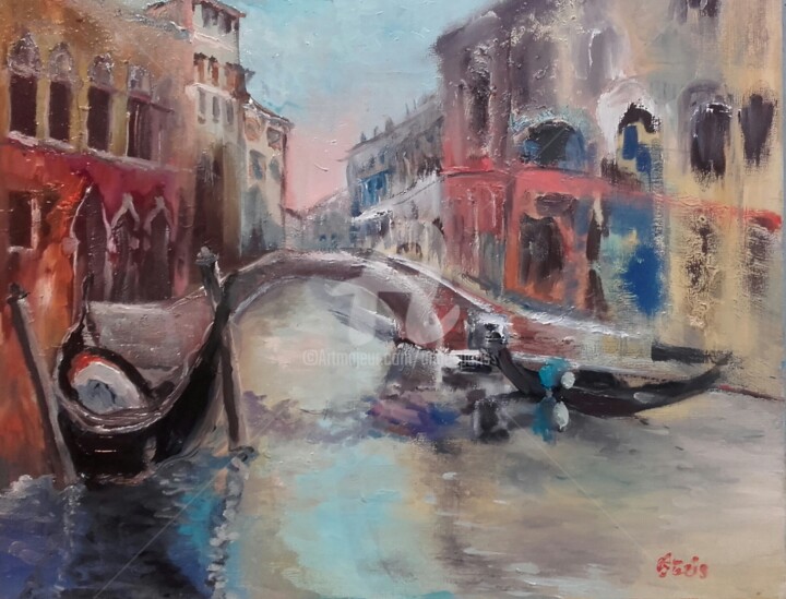 Painting titled "Venise" by Anne Paris, Original Artwork, Oil Mounted on Wood Stretcher frame