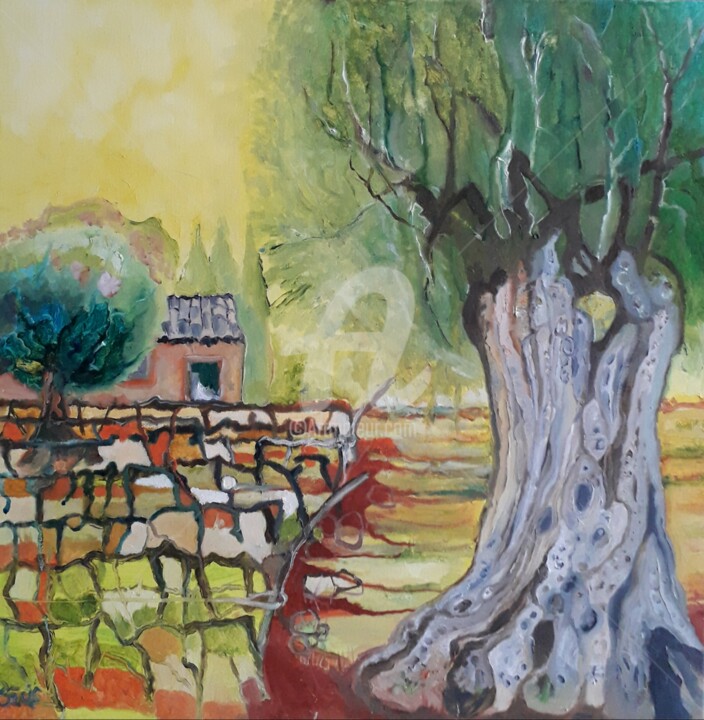 Peinture intitulée "Vignes et oliviers.…" par Anne Paris, Œuvre d'art originale, Huile Monté sur Châssis en bois