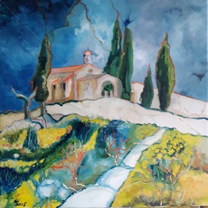 Painting titled "Eygalières, la Chap…" by Anne Paris, Original Artwork, Oil Mounted on Wood Stretcher frame