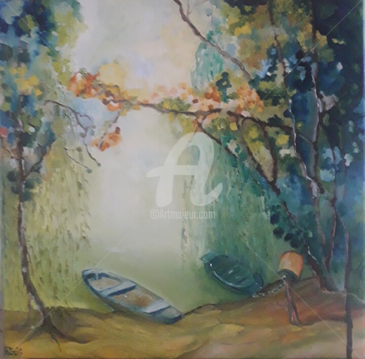 Peinture intitulée "Barques à Chemilly…" par Anne Paris, Œuvre d'art originale, Huile Monté sur Châssis en bois