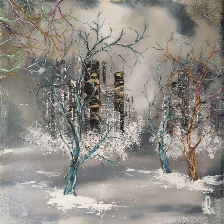 Painting titled "Ciel d'hiver" by Anne Robin, Original Artwork, Acrylic