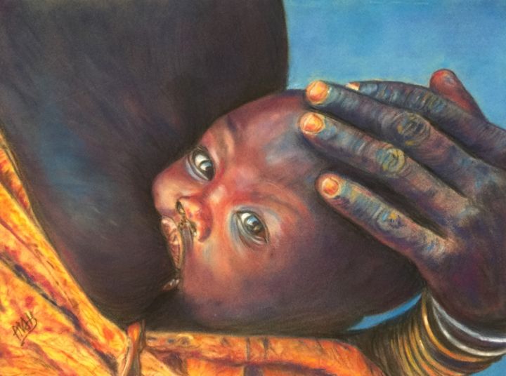 Drawing titled "Bebe africain" by Anne Van Der Haegen, Original Artwork, Pastel