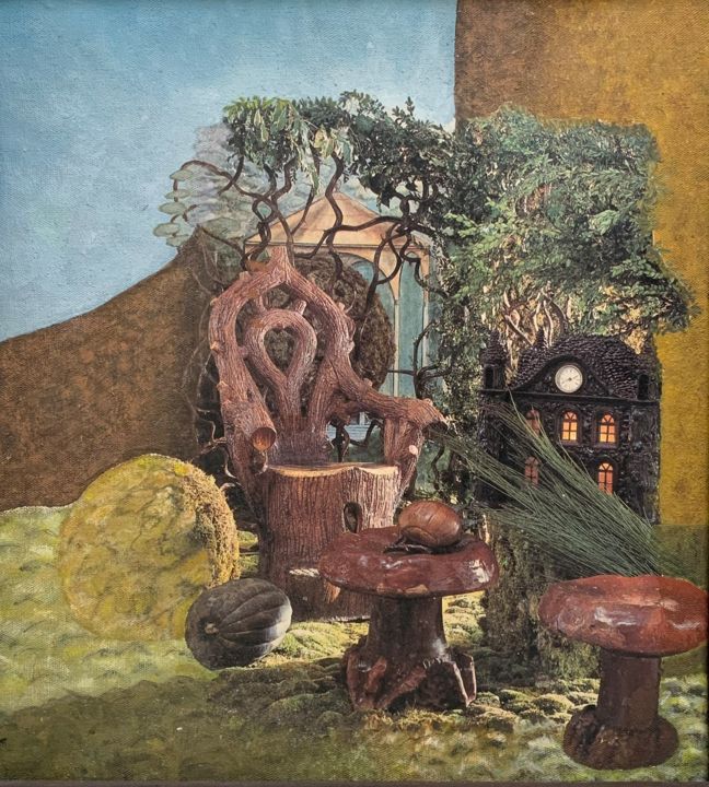 Colagens intitulada "Le salon champignon…" por Anne Vidal, Obras de arte originais, Colagens Montado em Maca de lona