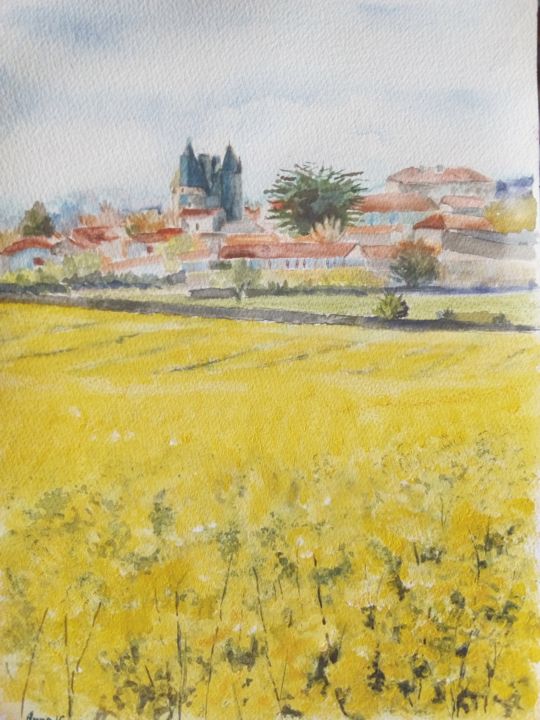 Painting titled "Neuvicq champs de c…" by Anne Vincent-Rohaut, Original Artwork, Watercolor Mounted on Other rigid panel