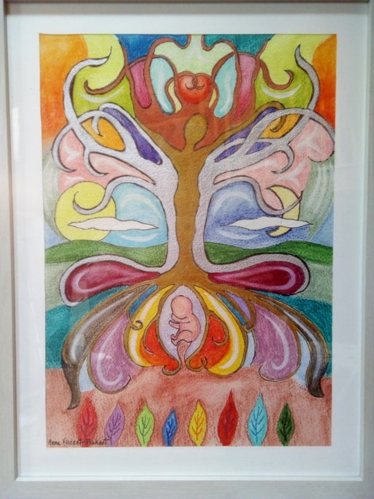 Peinture intitulée "L'arbre de la vie" par Anne Vincent-Rohaut, Œuvre d'art originale, Aquarelle Monté sur Autre panneau rig…