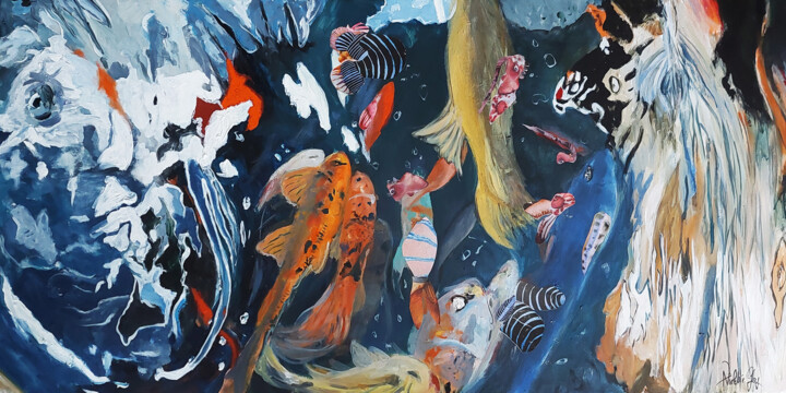 Painting titled "Poissons abstraits" by Anne-Violette Goy, Original Artwork, Oil