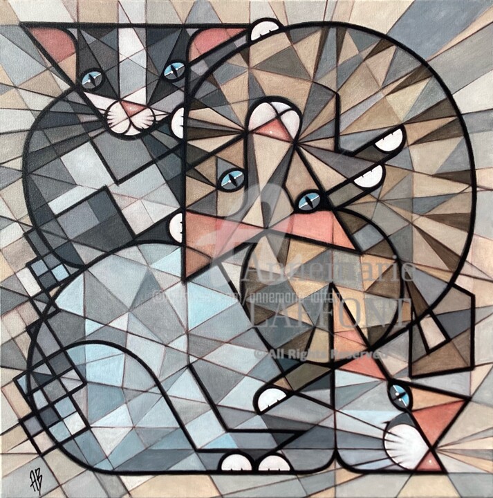 Painting titled "Geometriccats" by Annemarie Laffont, Original Artwork, Acrylic Mounted on Wood Stretcher frame