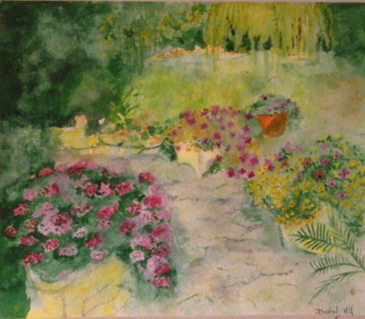 Peinture intitulée "Terrasse ensoleillée" par Anne-Marie Duval, Œuvre d'art originale
