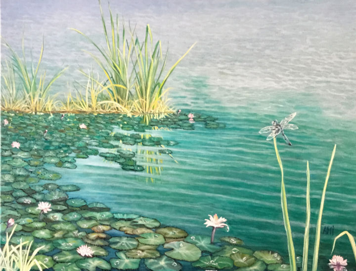 Peinture intitulée "Les nébuphars" par Ami, Œuvre d'art originale, Huile Monté sur Châssis