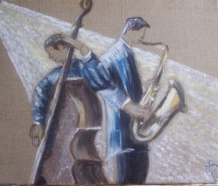 Painting titled "contrebasse-sax.jpg" by Anne Pastor, Original Artwork, Acrylic Mounted on Wood Stretcher frame