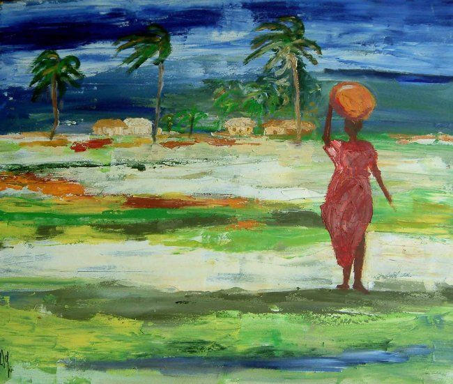 Peinture intitulée "collecte des algues…" par Anne Paul, Œuvre d'art originale