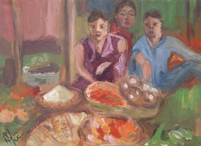 Peinture intitulée "marché au Vietnam" par Anne Paul, Œuvre d'art originale, Huile