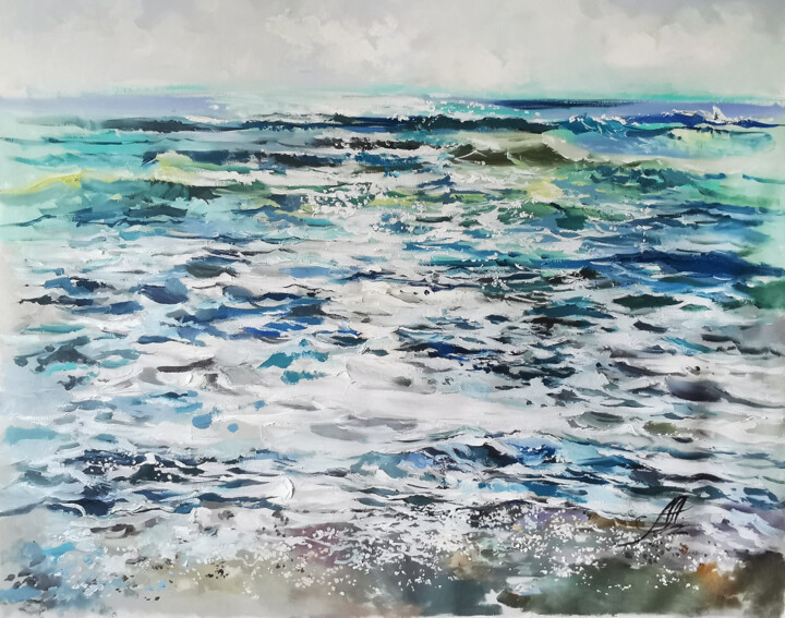 Painting titled "Turquoise waves, se…" by Annet Loginova, Original Artwork, Oil Mounted on Wood Stretcher frame