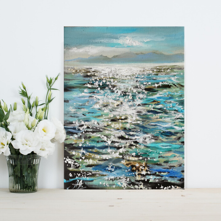 Painting titled "Sea oil painting, S…" by Annet Loginova, Original Artwork, Oil Mounted on Wood Stretcher frame