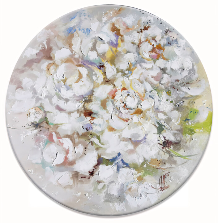 Painting titled "White peonies oil p…" by Annet Loginova, Original Artwork, Oil Mounted on Wood Stretcher frame