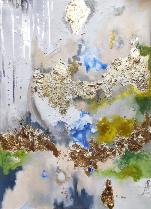 Painting titled "Gold leaf painting…" by Annet Loginova, Original Artwork, Oil Mounted on Wood Stretcher frame