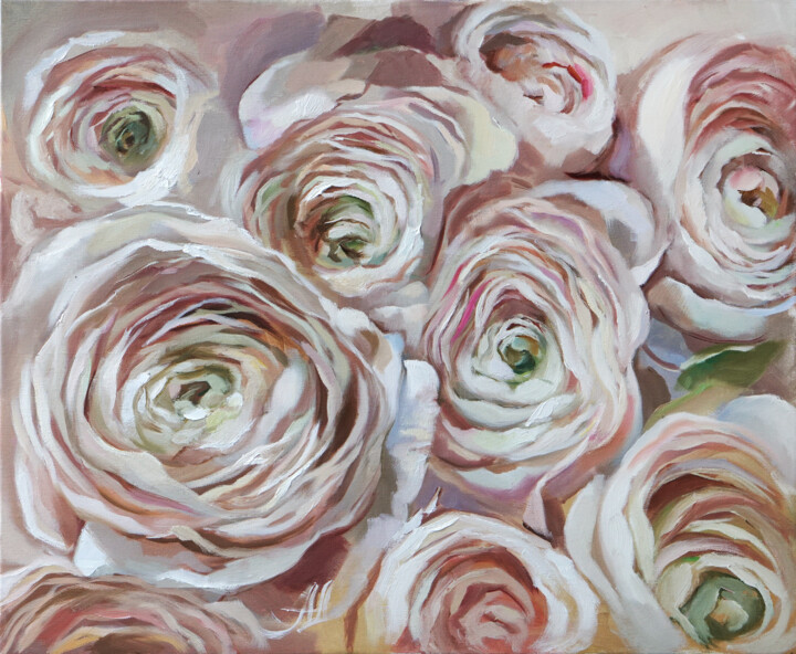 Painting titled "ANEMONES OIL PAINTI…" by Annet Loginova, Original Artwork, Oil Mounted on Wood Stretcher frame