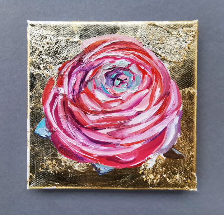 Painting titled "Pink Ranunculus min…" by Annet Loginova, Original Artwork, Oil Mounted on Wood Stretcher frame