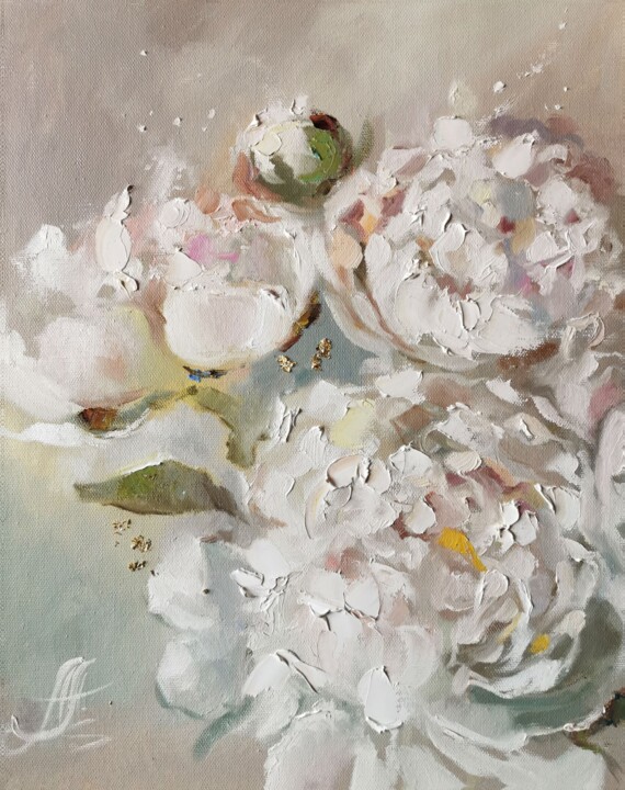 Painting titled "White petals" by Annet Loginova, Original Artwork, Oil Mounted on Wood Panel
