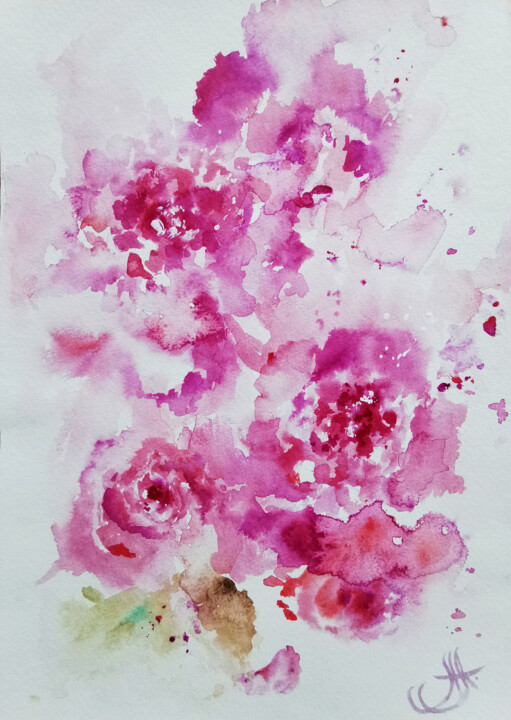 Рисунок под названием "Pink peonies drawin…" - Annet Loginova, Подлинное произведение искусства, Акварель