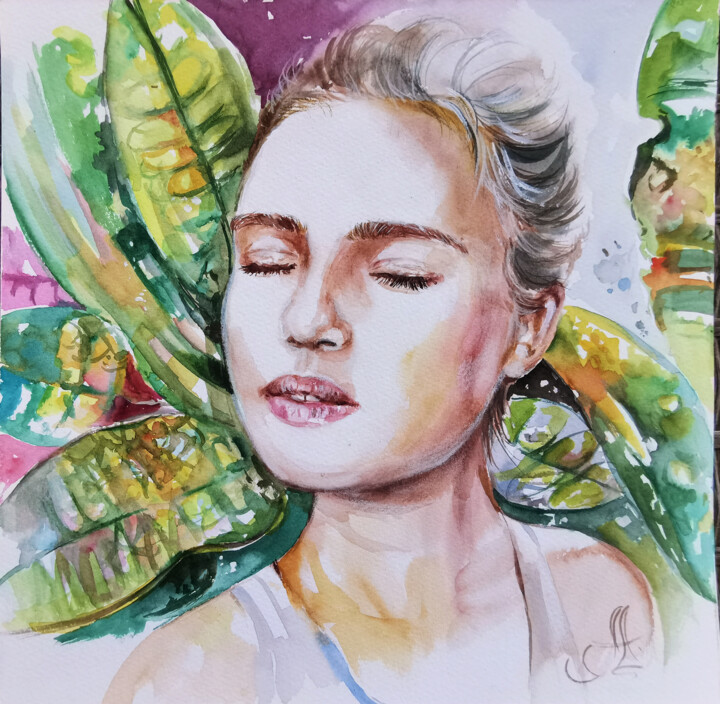 Painting titled "Young woman waterco…" by Annet Loginova, Original Artwork, Watercolor