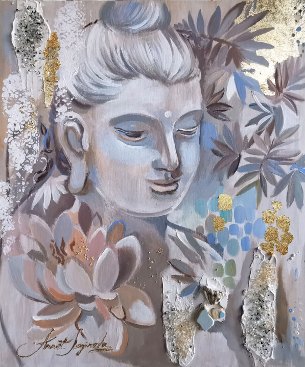 Painting titled "Buddha's Serenity.…" by Annet Loginova, Original Artwork, Acrylic Mounted on Wood Stretcher frame