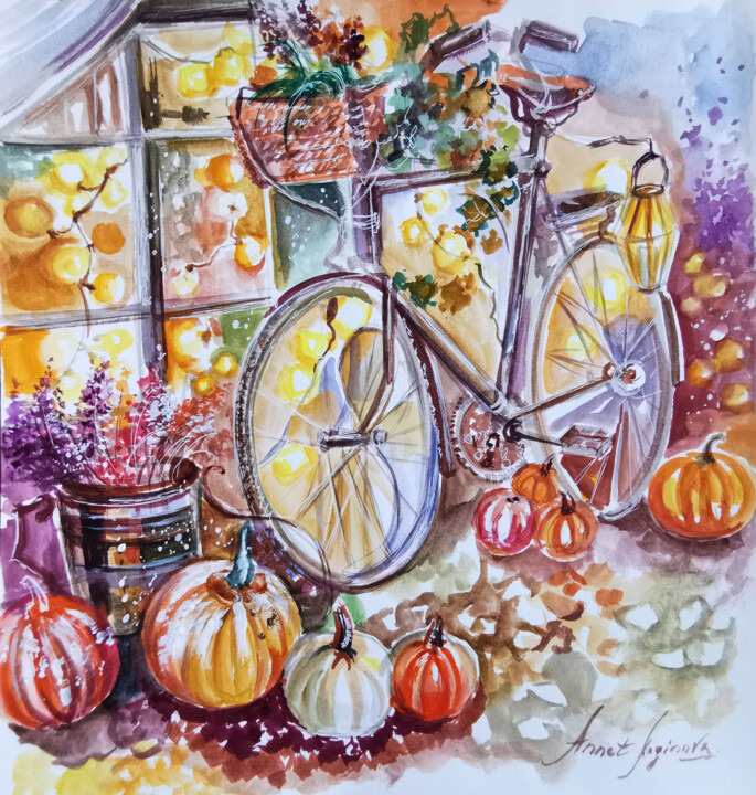 Painting titled "Riding Into Autumn.…" by Annet Loginova, Original Artwork, Watercolor