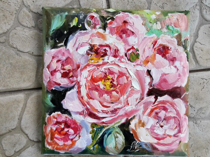 Pintura titulada "Pink flowers painti…" por Annet Loginova, Obra de arte original, Oleo