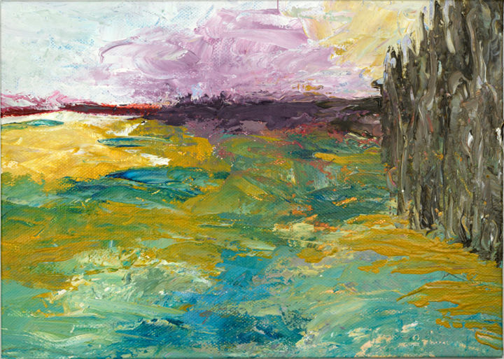 Schilderij getiteld "Landscape with reeds" door Annette Van Casteren, Origineel Kunstwerk, Acryl Gemonteerd op Houten paneel